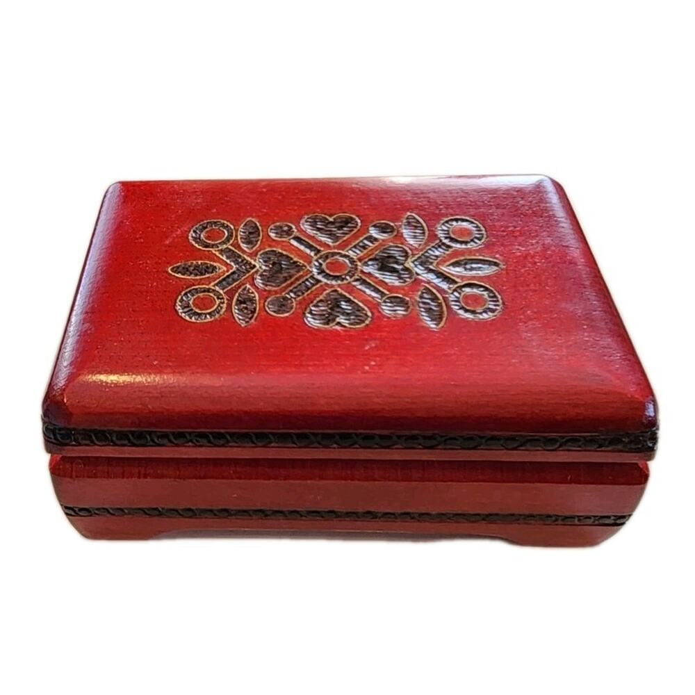Vintage Red Carved Wooden Trinket Jewelry Box Poland Folk Art Tatra Linden Wood